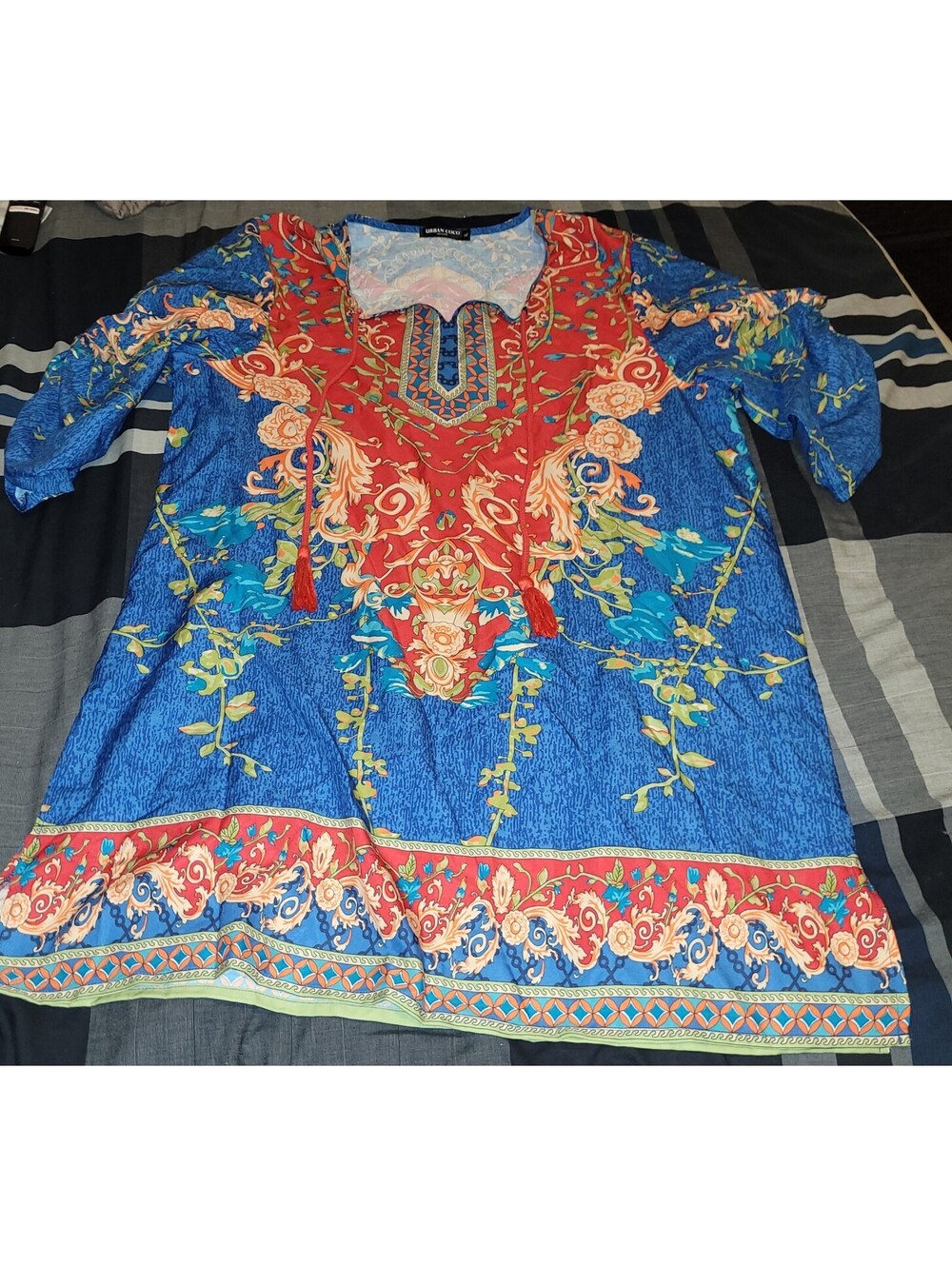 Urban Coco Women's L Blue Boho Tunic Blouse Baroque Floral Tassel Tie 3/4 Sleeve